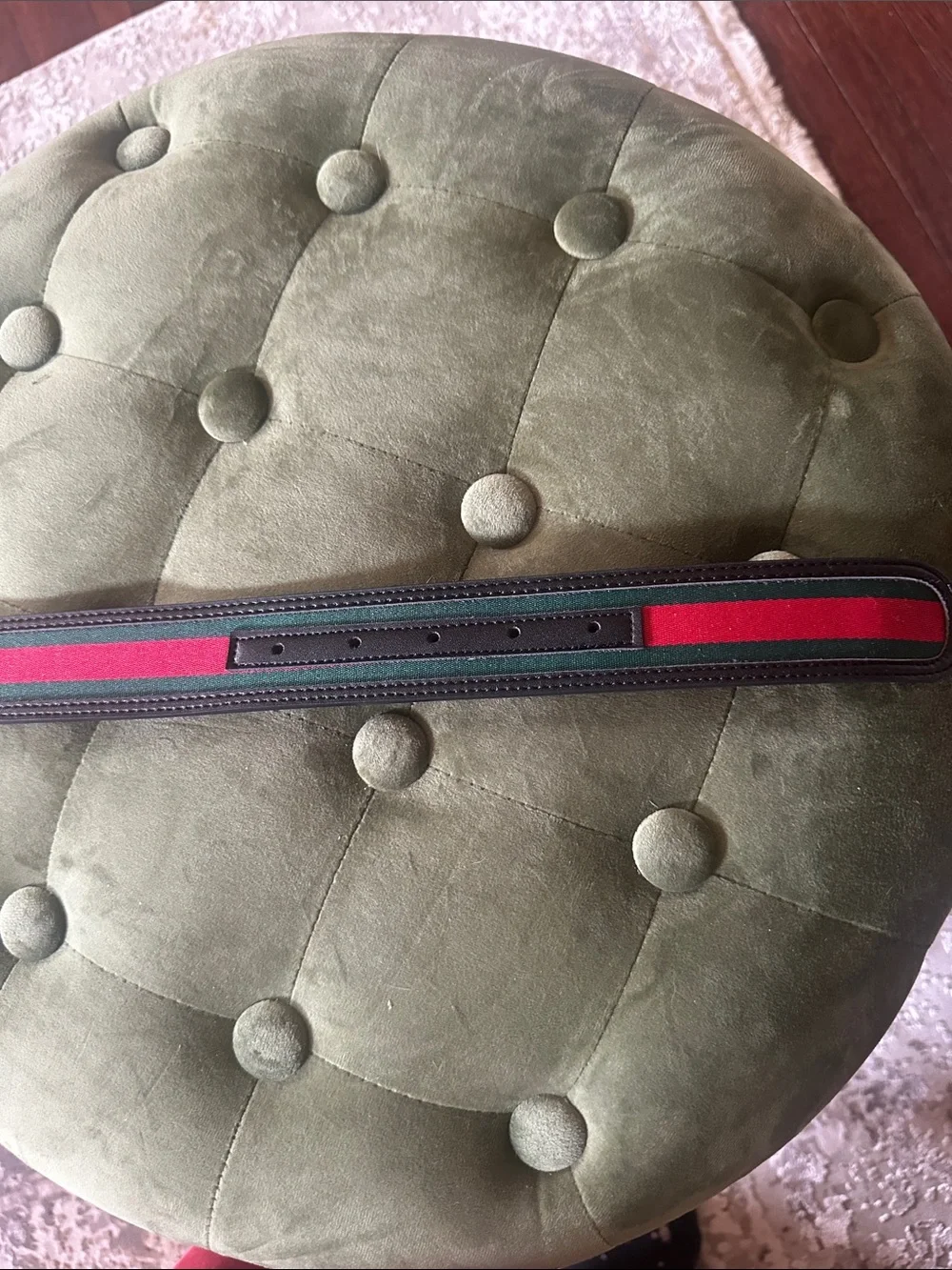 Black Leather Belt with Red and Green Web and Matte Black Double G Buckle